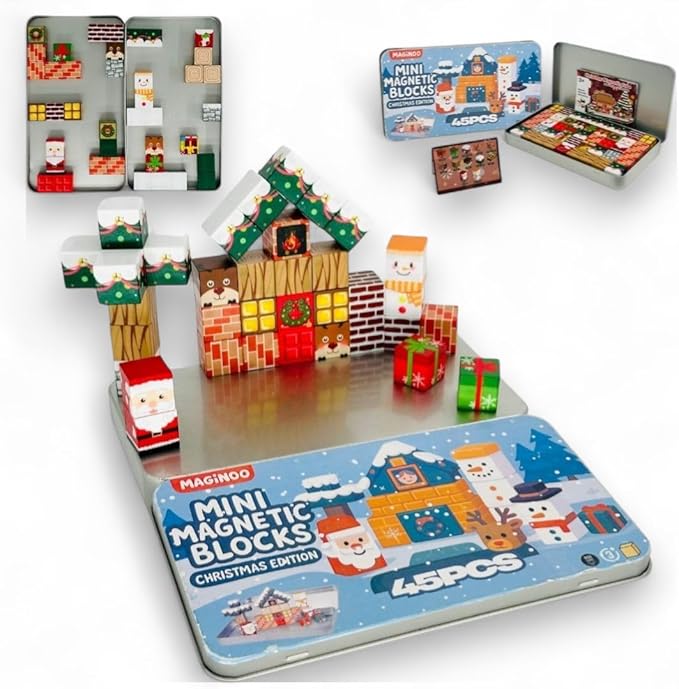 45PCS Mini Magnetic Blocks Travel Set – Christmas STEM Toddler Toys in Iron Box, Educational Building Cubes for Kids Ages 3–8, for Boys & Girls