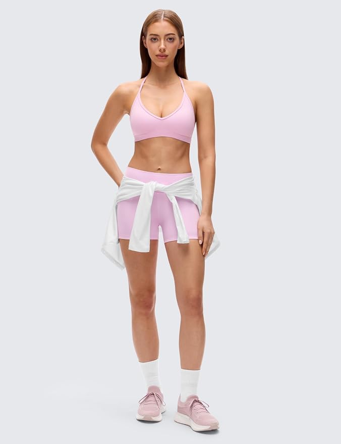 CRZ YOGA Butterluxe Soft Double Lined T-Back Sports Bras for Women - V Neck Adjustable Strap Yoga Crop Top Casual Non Padded
