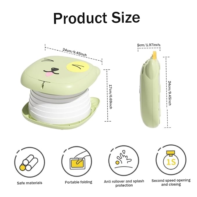 Travel Potty 9.4X 1.9in Flip Green ABS Stable Collapsible Cartoon Style Portable Potty Emergency Toilet for Toddler, Travel, Camping and Outdoor Use..