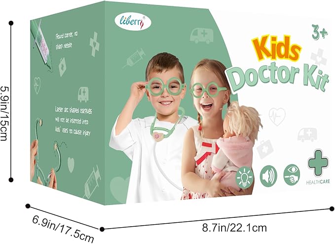 Liberry Doctor Kit for Toddlers 3 4 5 Years Old, 30-Piece Kid Doctor Toy with Stethoscope, Costume, Green Medical Pretend Play Gift for Girls Boys