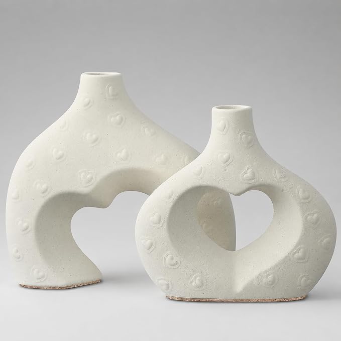 White Ceramic Flower Vases Table Decor Heart Shaped Vase Set of 2 | Nordic Heart Shaped Vases Minimalist Decorative Vase for Table Centerpiece Wedding Dining Living Room Office House Decoration