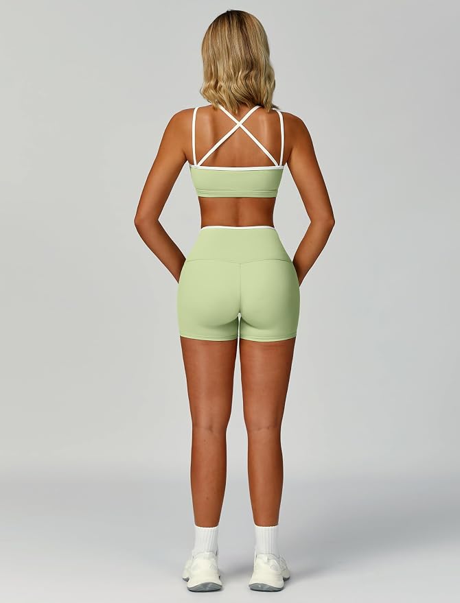 ABOCIW Workout Sets for Women 2 Piece Color Block Strappy Sports Bra High Waist Shorts Gym Yoga Pilates Outfits