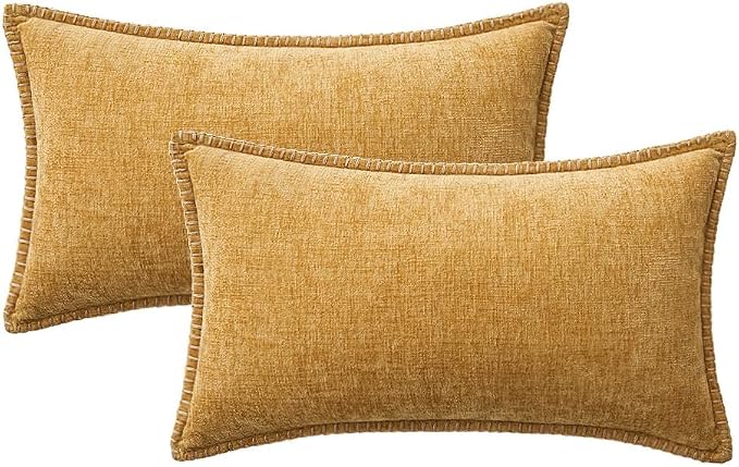 MIULEE Decorative Lumbar Throw Pillow Covers 12x20 Inch Gold 2 Pack | Mustard Yellow, Farmhouse Pillow Covers with Stitched Edge, Soft Chenille Cushion Cases,Couch Sofa Bed Living Room Home Decor