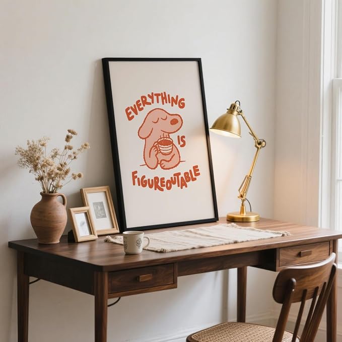 Everything Is Figureoutable Motivational Poster Cute Dog Positive Quote Inspirational Wall Art Funny Cartoon Mental Health Coffee Canvas Print for Kids Room Home Decor 8x12inch Black Framed