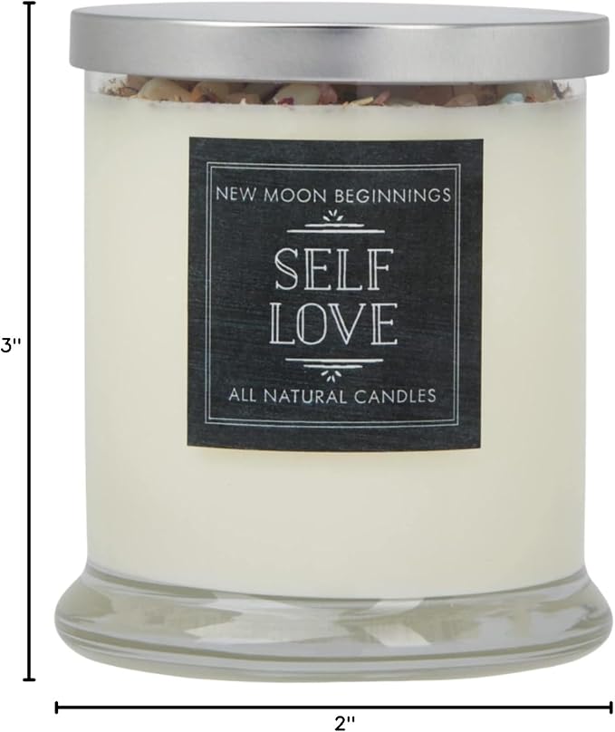 Self Love Candle by New Moon Beginnings - Negative Energy Cleansing - Handmade Aromatherapy Soy Candle - Dried Flower, Herb, & Crystal Candle - 12oz Glass Jar
