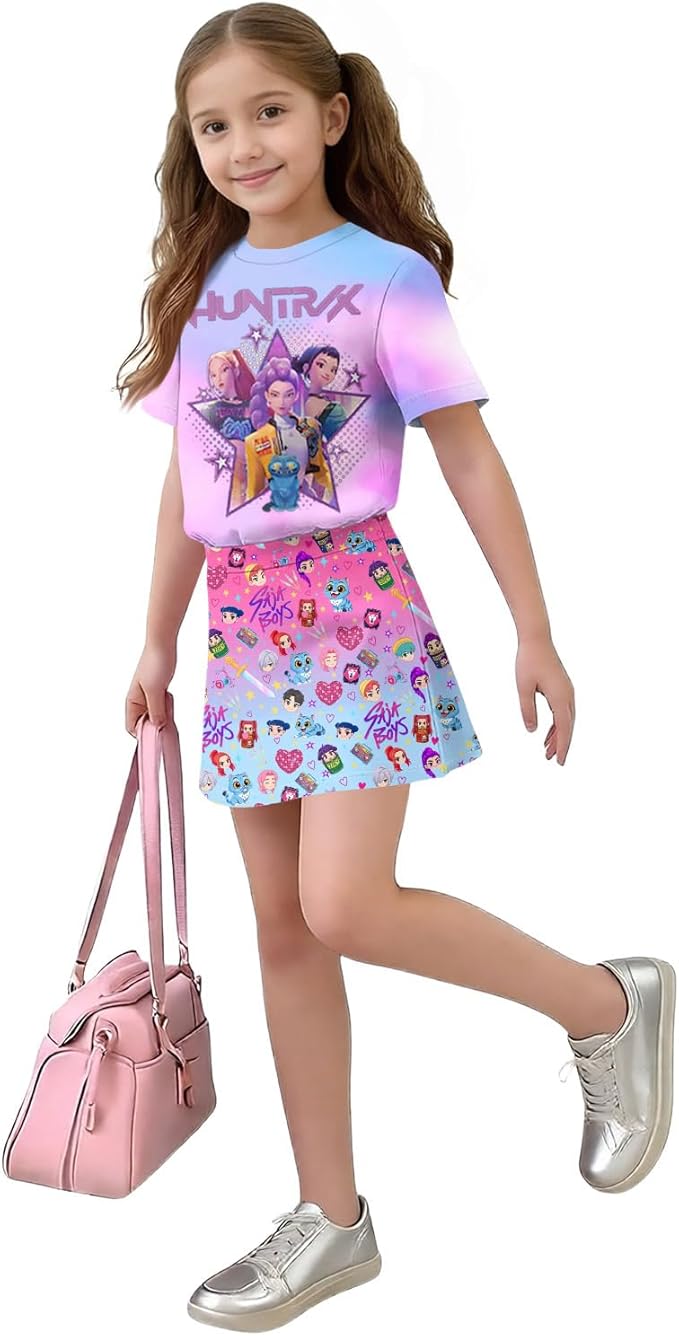 HTHLVMD K Pop Short Sleeve T-Shirt and Skirts Outfits Set for Girls Hunters Rumi Mira Zoey Graphic Tees De-Mon Costume
