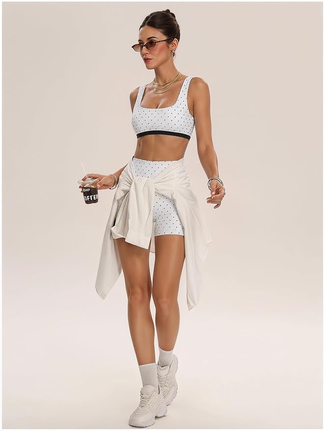 Milumia Women's Polka Dots Workout Set 2 Piece Color Block Bra Tank High Waisted Biker Shorts Layered Matching Yoga Outfit