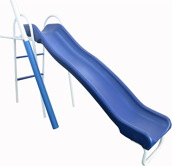 XDP Recreation Surf N Swing Painted Steel 5 Station Kids Outdoor Backyard Swing and Play Set with Wave Slide, Foam Leg Guards, and Hardware, Blue