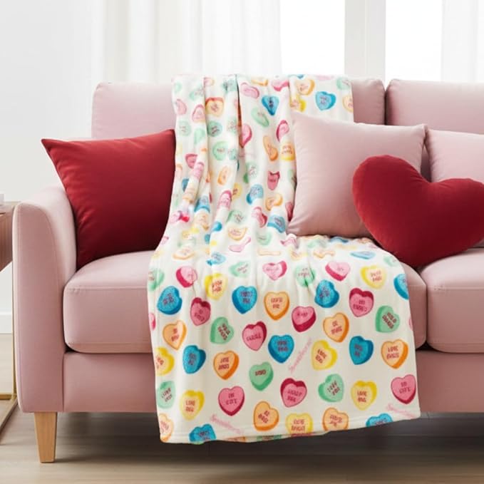 Sweethearts Candy Hearts Bedding Super Soft Plush Cozy Throw Blanket, 50 in x 70 in, (Officially Licensed Product) by Franco Collectibles
