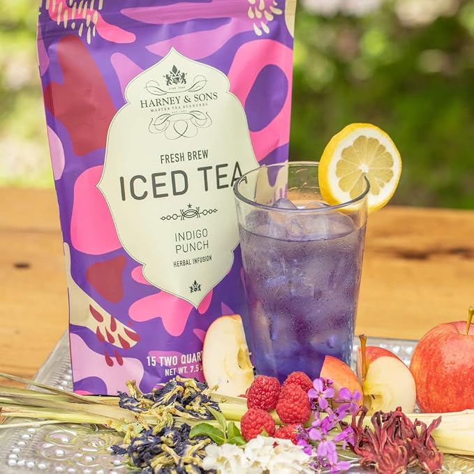 Harney & Sons Fresh Brew Herbal Iced Tea, Indigo Punch Butterfly Pea Flower Tea, 15 Iced Tea Bags, Color Changing Herbal Tea
