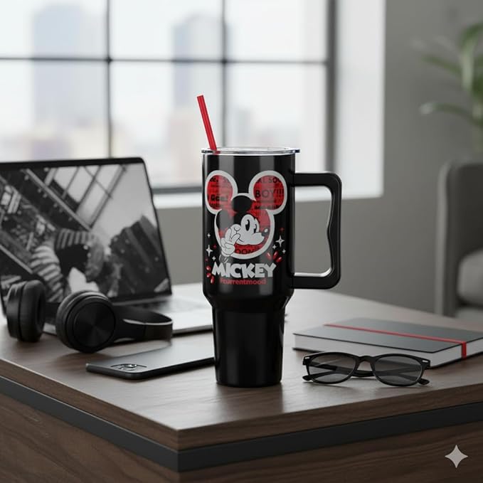 Silver Buffalo Disney Classic Mickey Mouse Hashtag Current Mood “#currentmood” Double Walled Stainless Steel Tumbler with Handle and Straw, Fits in Standard Cup Holder, 40 Ounces