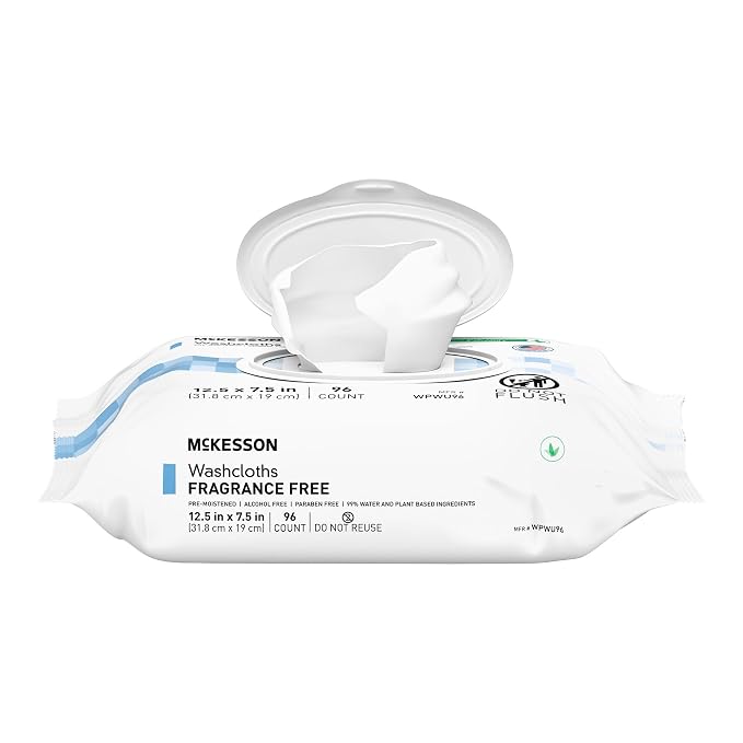 McKesson Washcloth Wipes, Unscented - Disposable Wet Wipes for Adults - Fragrance-Free, Alcohol-Free - No-Rinse Formula - Snap Lid Soft Pack, 96 Count, 1 Pack