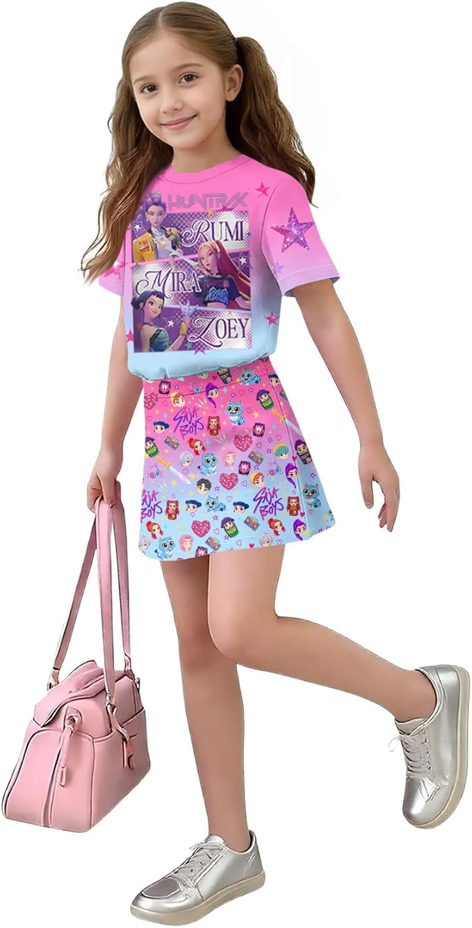 HTHLVMD K Pop Short Sleeve T-Shirt and Skirts Outfits Set for Girls Hunters Rumi Mira Zoey Graphic Tees De-Mon Costume