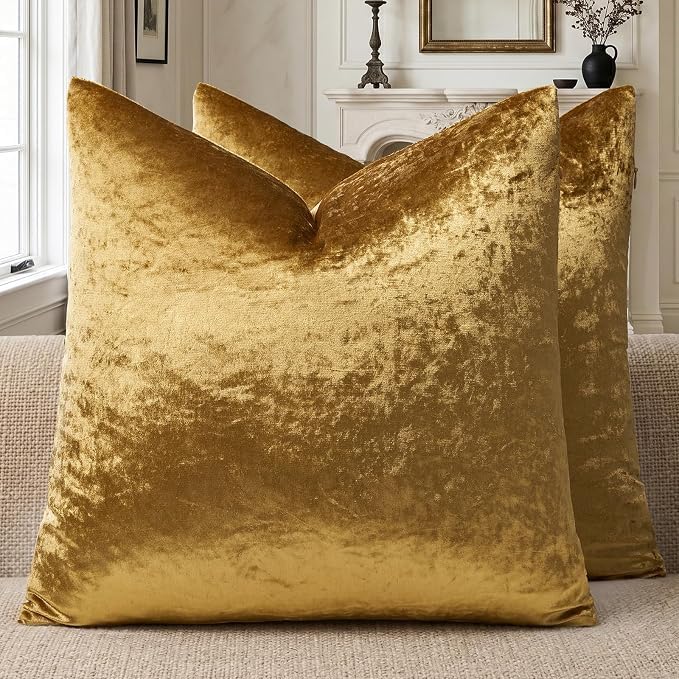 GIGIZAZA Crushed Velvet Pillow Covers - Luxury Gold 22x22 Decorative Throw Pillows Soft Covers for Couch Living Room Bed Textured Vintage Square Pillowcases Cushion Covers Pack of 2