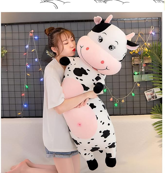 TEFU Lovely Creative Milk Cow Plush Pillow Toys Soft Stuffed Cartoon Animal Cattle Doll Bedroom Sleeping Pillow Cushion,Gifts for Friends Kids (70cm/27.5in)