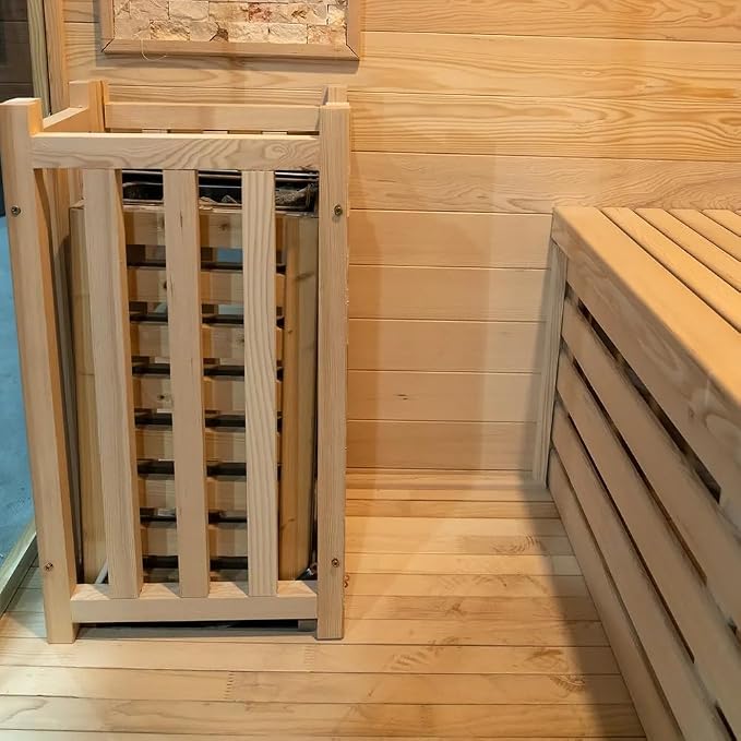 Smartmak Wood Home Traditional Steam Sauna, Wifi Control 3 Person Luxurious Indoor Canadian Hemlock Wooden Spa Room, with 4.5 kw Heater, Backrest, Bluetooth Speaker, Rocks, Water Bucket, Spoon, Lights