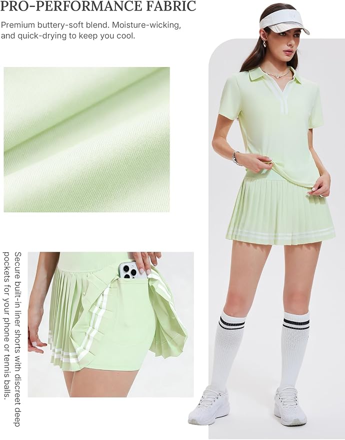 Women 2 Piece Tennis Skirt Set Pleated Golf Outfit, Polo V-Neck Athletic Dress Alternative Skort Set for Pickleball Pockets