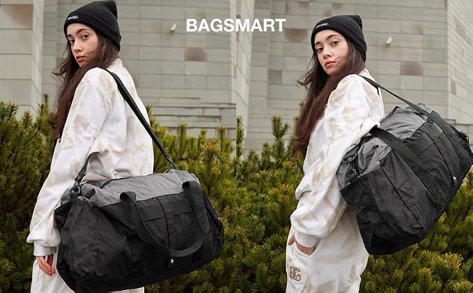 BAGSMART Gym Bags for Men Women, Foldable Travel Duffle Bag, Lightweight Weekender Duffel Bag With Shoe Compartment, Water Resistant Workout Duffle Sports Bag for Travel Yoga, Black