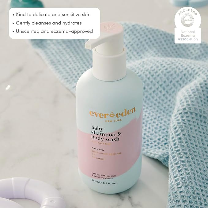 Evereden Baby Shampoo & Body Wash 2-in-1, 8.5 fl oz | Gentle, Non-Toxic, Fragrance-Free, Hydrating Formula for Sensitive Skin (Pack of 2)