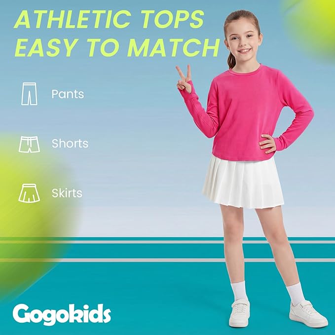 Gogokids Girls Shirts Long Sleeve Athletic Shirts Open Back Tops Active Sports Tshirts Yoga Workout Crop Tees 5-14 Years