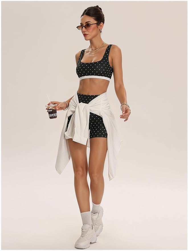Milumia Women's Polka Dots Workout Set 2 Piece Color Block Bra Tank High Waisted Biker Shorts Layered Matching Yoga Outfit