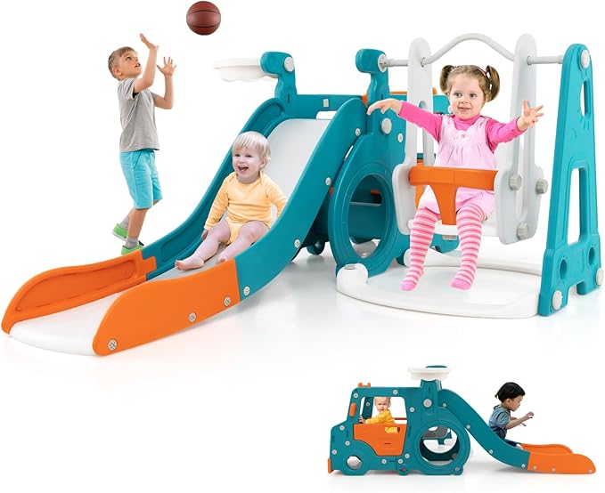 Costzon 6 in 1 Toddler Slide and Swing Set, Mini Bus Indoor Outdoor Baby Swing with Basketball Hoop, Crawling Tunnel, Kids Climber Playset for Boys and Girls Backyard Playground Gifts Presents