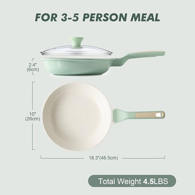 SENSARTE 10In Nonstick Ceramic Frying Pan with Lid, PFAS/PTFE Free, Green | Ceramic Omelette Pan Skillet, Healthy Non-toxic Chef's Pan, Induction Compatible Pan, Heat Resistant Handle