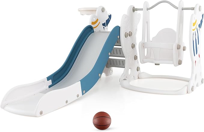 Costzon 4 in 1 Toddler Slide and Swing Set, Rocket Indoor Outdoor Baby Swing w/Slide, Swing, Climber, Basketball Hoop and Ball, Kids Climber Playground Playset for Boys Girls Gifts Presents