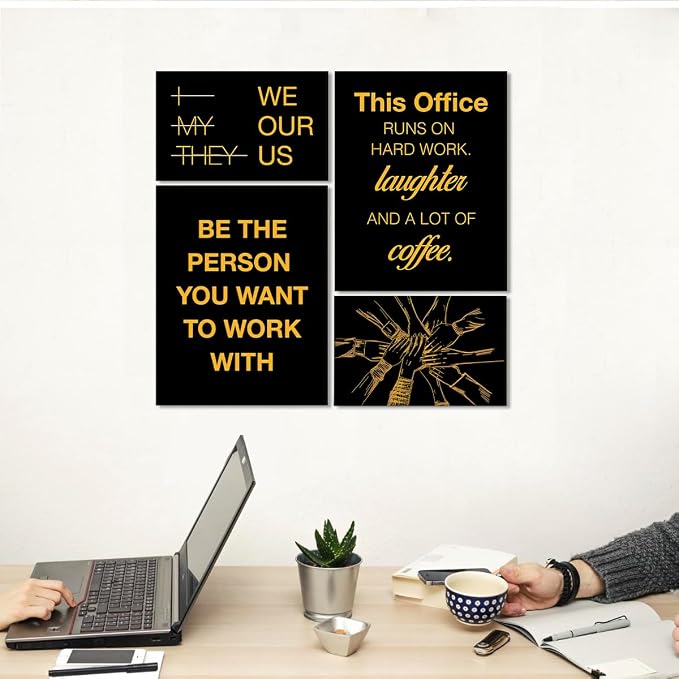 YEOION Motivational Office Wall Art,Inspirational Teamwork Wall Art for Office,Black and Yellow Positive Teamwork Wall Decor for Workplace Set of 6