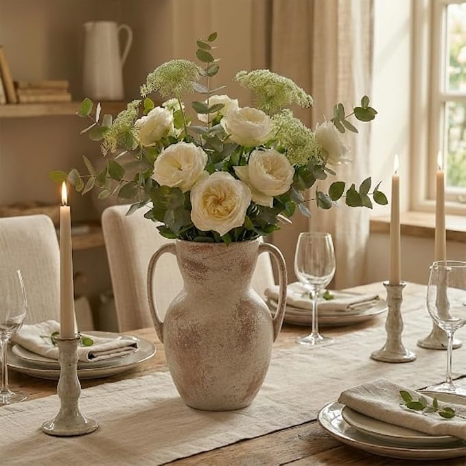 Emotionally Grounded Vase, Vaseking Large Ceramic Rustic Vase with 2 Handles, 8.6 inch Minimalist Decorative Farmhouse Tall Vases for Home Decor, Living Room, Enterway, Wedding, Fired Terra Clay