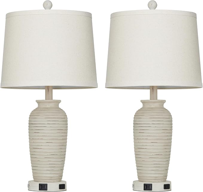 CINSARY 25" Retro White Farmhouse Jar Table Lamps Set of 2, 3 Way Touch Control Rustic Bedside Lamps with USB A+C Ports & AC Outlet, Pot Nightstand Lamps for Bedroom Living Room (LED Bulbs Included)