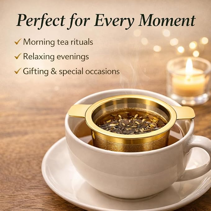 Tea Infuser Set (2 Pack) – Gold Stainless Steel Loose Leaf Tea Strainers with Drip Trays & Scoop – Gift Box for Tea Lovers