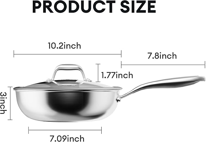 COOKER KING 10" Hybrid Wok Pan with Lid, Nonstick Deep Skillet for Stir-Fry | Non-Toxic Coating, Dishwasher & Oven Safe, Induction Ready, Stay-Cool Handle, 3-Ply Stainless Steel Clad for Fast Heat