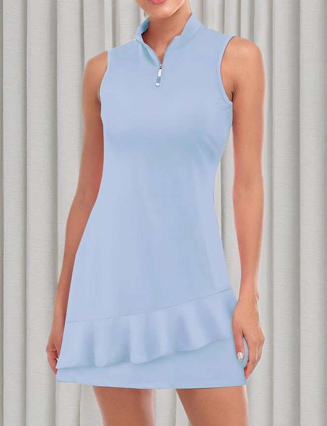 Viracy Tennis Dress for Women Sleeveless Golf Dresses with Shorts and Pockets Ruffle Zip Up Stand Collar Golf Outfits