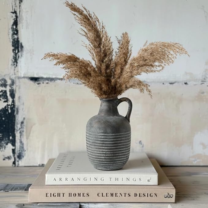 SIDUCAL Rustic Ceramic Farmhouse Flower Vase with 1 Handle-Height 8.43" Terracotta Vase, Unique Textured Pottery Flower Vases for Home Decor, Table, Wedding, Living Room, Shelf Decor, Bronze Black