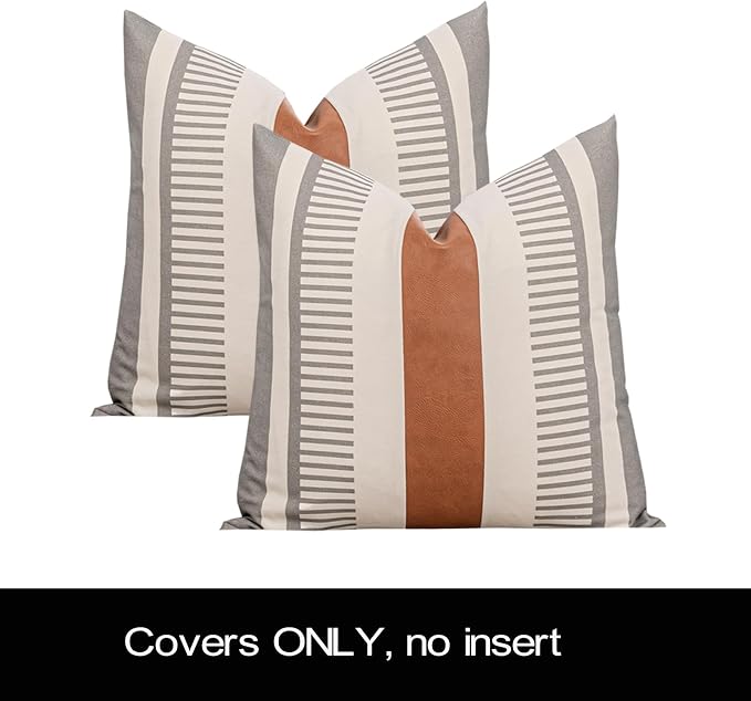 2 Pack 18x18 Inch Pillow Covers - Brown Faux Leather & Gray Stripe Print Soft Cotton Splicing, Same Pattern Both Sides | for Sofa Couch Bed Living Room, Farmhouse Industrial Minimalist Decor
