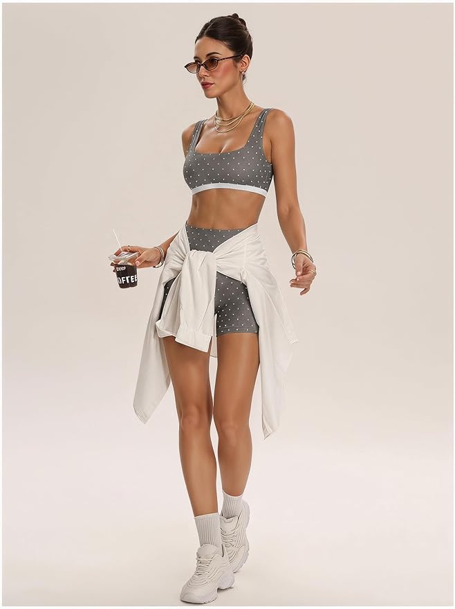 Milumia Women's Polka Dots Workout Set 2 Piece Color Block Bra Tank High Waisted Biker Shorts Layered Matching Yoga Outfit
