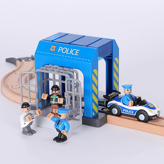 Police Station Playset Toy,Building City Police Scenes Train Set Compatible with All Wooden Train Tracks,Educational Train Accessory Toys for Boys and Kids (Assembly Required)