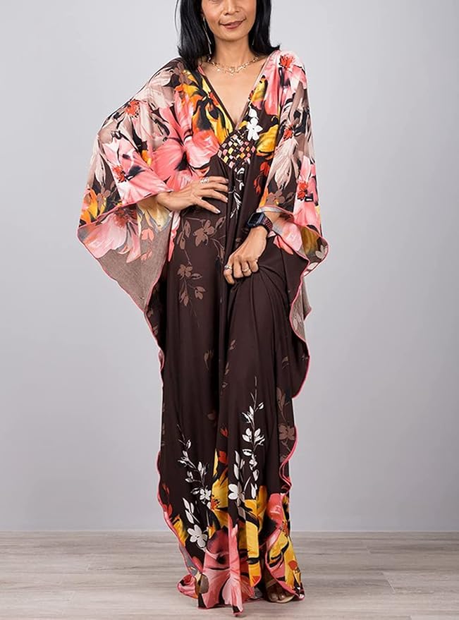 Venasha Womens Caftan Floral Print Kaftan Dress Short Sleeve Swimsuit Cover up Loungewear for Summer