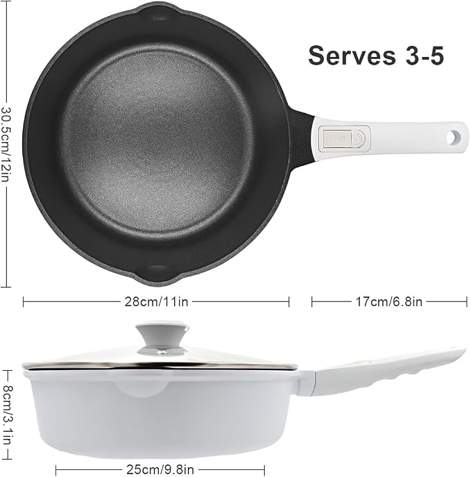 12 Inch Deep Frying Pan Skillet with Lid, Large Saute Pan Non Stick, White | 5 QT Cooking Pan with Detachable Handle, Suitable for All Stoves Including Induction, Oven Safe, PTFE & PFAS & PFOA Free