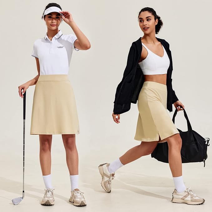 COOrun Women's 20" Knee Length Skirts High Waisted Golf Skorts with Pockets | Soft, Quick Dry, Split Hem, Built-in Shorts, A-line, Modest Skirts, for Golf Athletic Tennis Work Casual