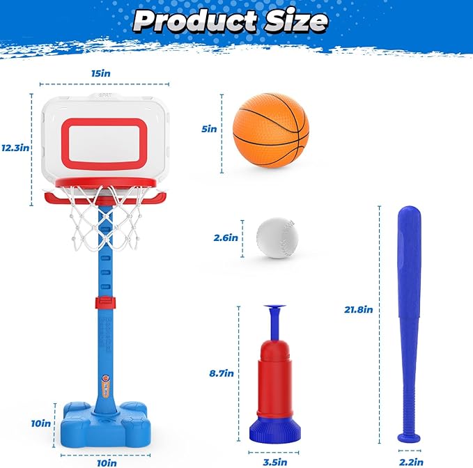 EagleStone 4-in-1 Toddler Basketball Hoop and T Ball Set, Adjustable Height Basketball Hoop,Tee Ball & Ring Toss Toy, Outdoor Indoor Sports Gift for Boys Girls Toddlers Ages 3-8