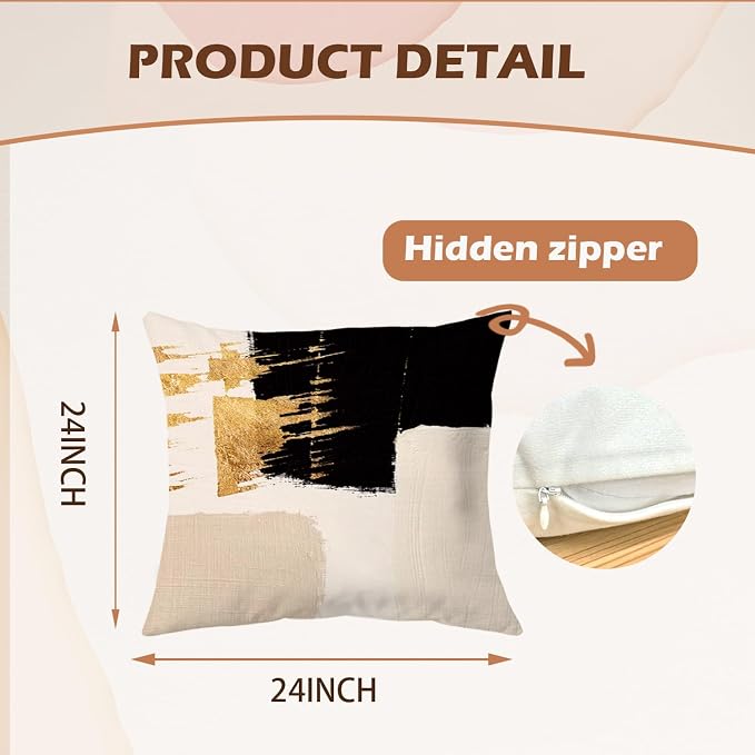Black Beige and Gold Abstract Pillow Covers 24x24 Double-Sided, Mid Century Modern Decorative Throw Pillow Covers for Living Room Bedroom, Modern Home Decor, Black and Gold Decor, Set of 2