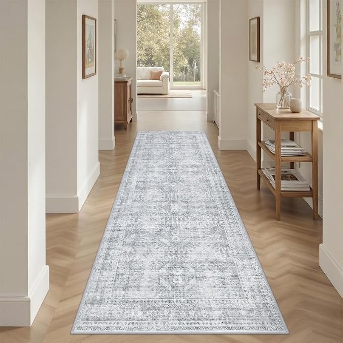 2'6''x8' Hallway Washable Runner Rug: Vintage Boho Neutral Kitchen Rug Soft Small Area Rug Indoor Floor Non-Slip Low Pile Carpet for Farmhouse Entryway Laundry Bathroom Bedroom Beside Rugs Gray