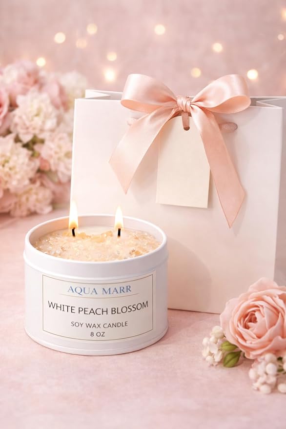 White Peach Blossom Soy Candle โ 8 oz Floral Scented Candle, Hand-Poured Clean Burning Dual Wick Candle for Home, Spa & Relaxation โ Aqua MARR
