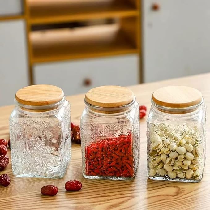 Square Glass Jar with Lid, 25.3oz Vintage Coffee Canister | Glass Food Storage Container for Ground Coffee, Tea, Sugar, Candy, Decorative Glass Jar, Cute Jar