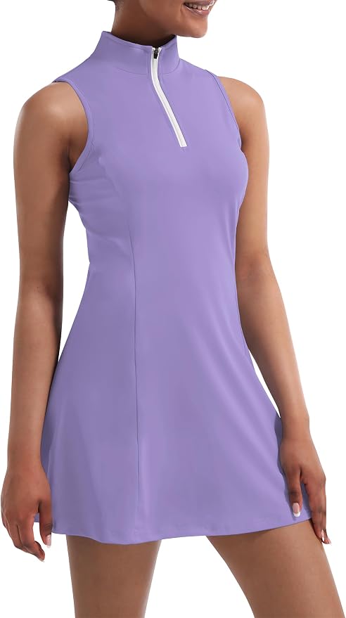 Tennis Dress for Women, Golf Dress with Shorts and Pockets Athletic Dress | Sleeveless Collared Half-Zipper Workout Sport Dress, Stretch Moisture Wicking Fabric, Tennis Golf Outfits