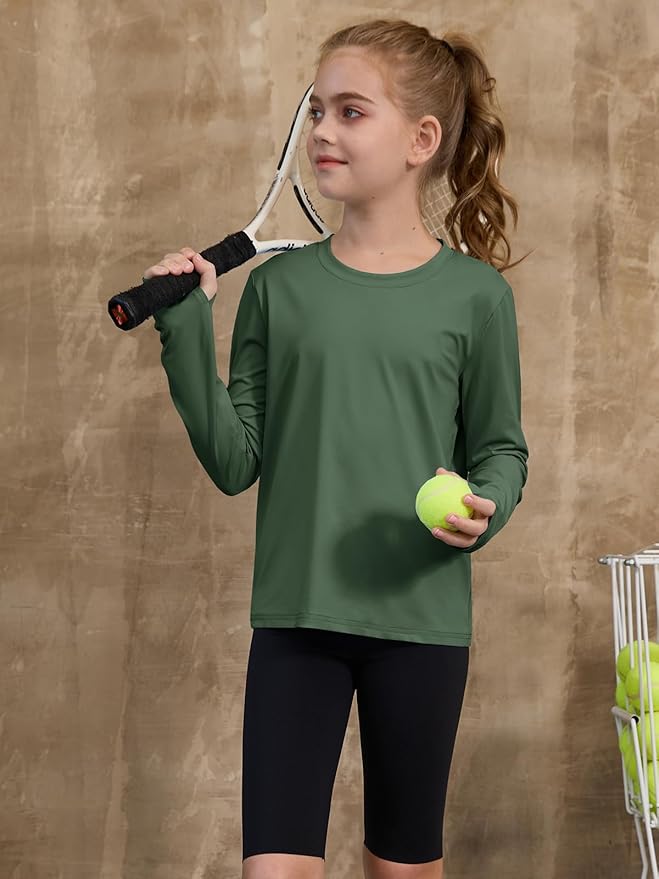 ZDC Girls Long Sleeve Athletic Shirts Kids Crewneck Quick Dry Workout Yoga Tops Basic Tees Activewear