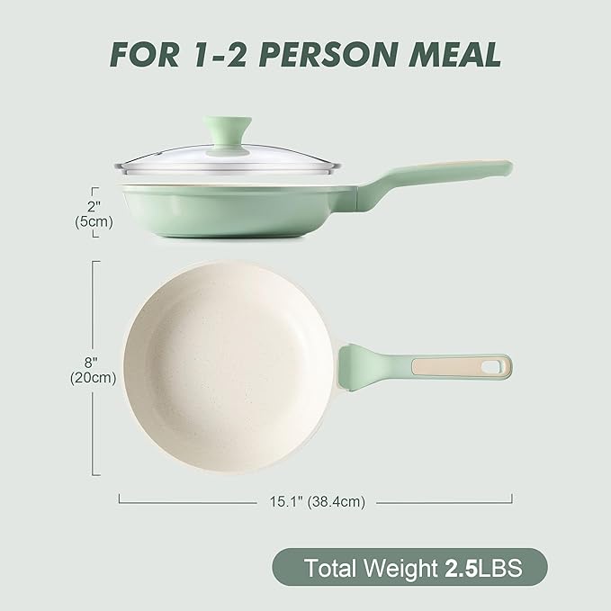 SENSARTE 8Inch Nonstick Ceramic Frying Pan with Lid, PFAS/PTFE Free, Green | Ceramic Omelette Pan Skillet, Healthy Non-toxic Chef's Pan, Induction Compatible Pan, Heat Resistant Handle
