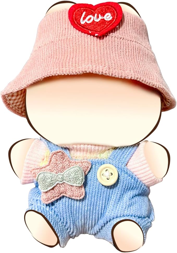 Clothes for 17cm Dolls, Overalls Outfit Set with Accessories, Cute Plush Doll Bucket Hat with Love Heart Design (NO Doll) Blue